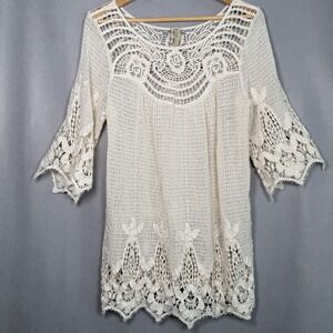 XCVI Crochet Lace Mini Dress Festival Boho Hippie Ivory 100% Cotton